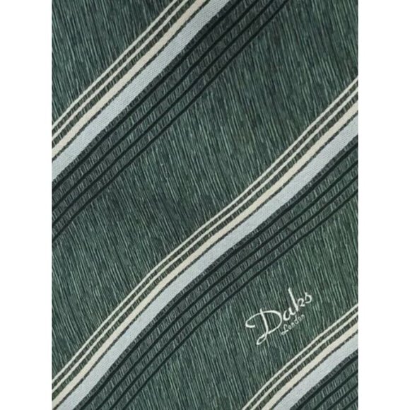 aklasu-white-striped-metallic-  DAKS Green Striped Logo Silk Tie ENGLAND 58\